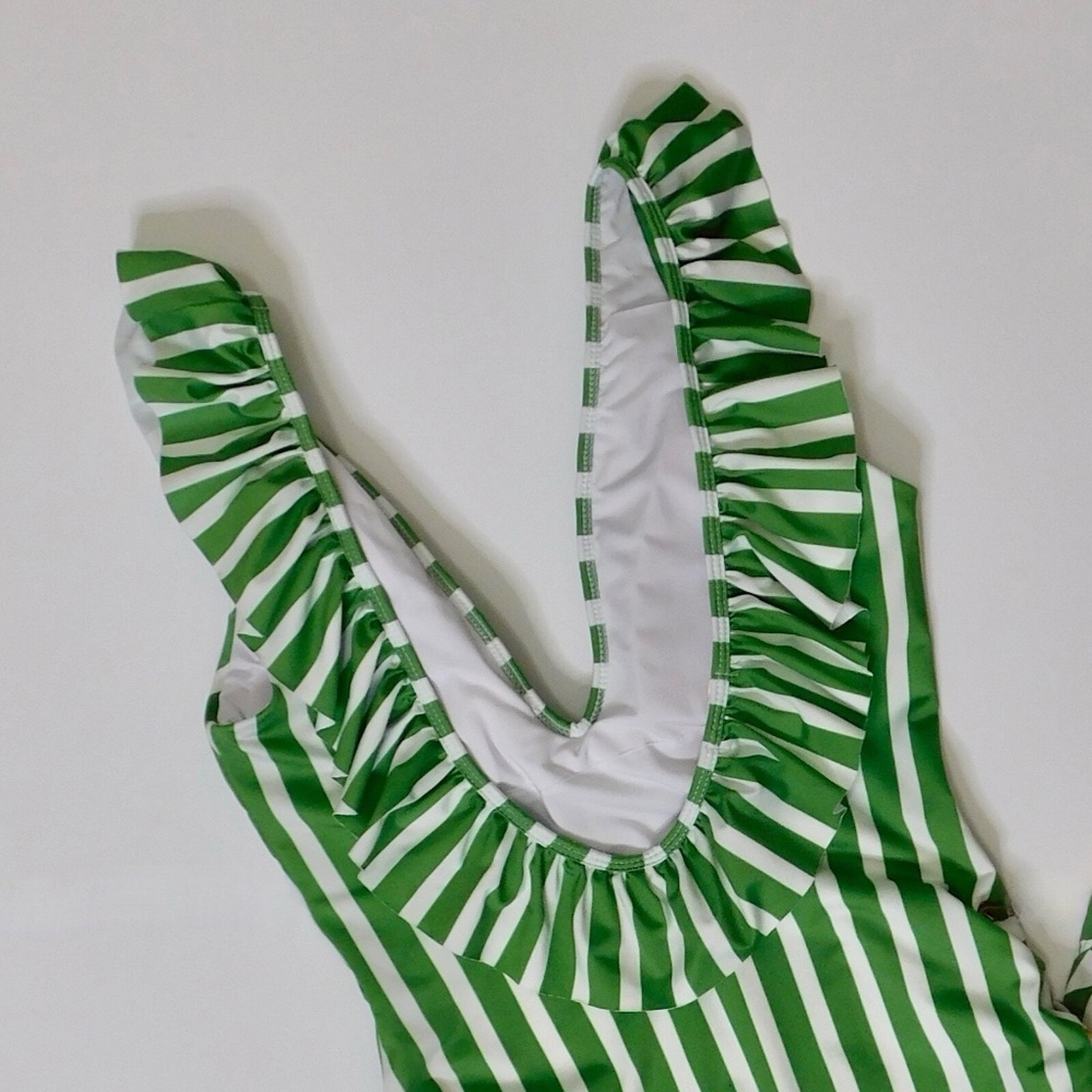 Anthropologie Green and White Striped Ruffle One-Piece Swim - Picture 9 of 13